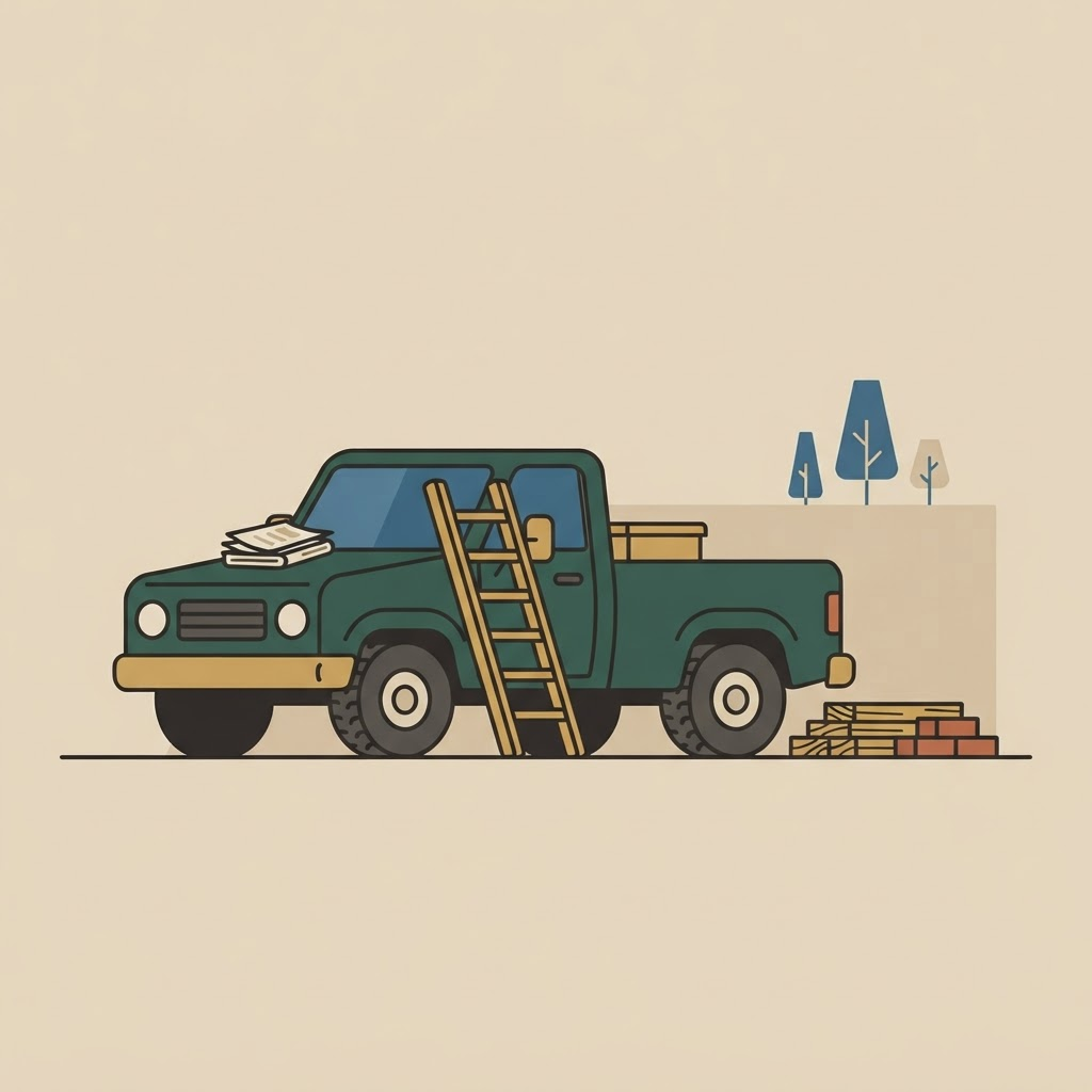 A work truck at a small job site with a ladder and a stack of paperwork on the hood.
