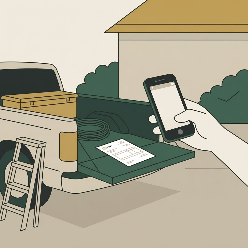 An owner photographing a paper invoice on a truck tailgate at a job site with a phone.