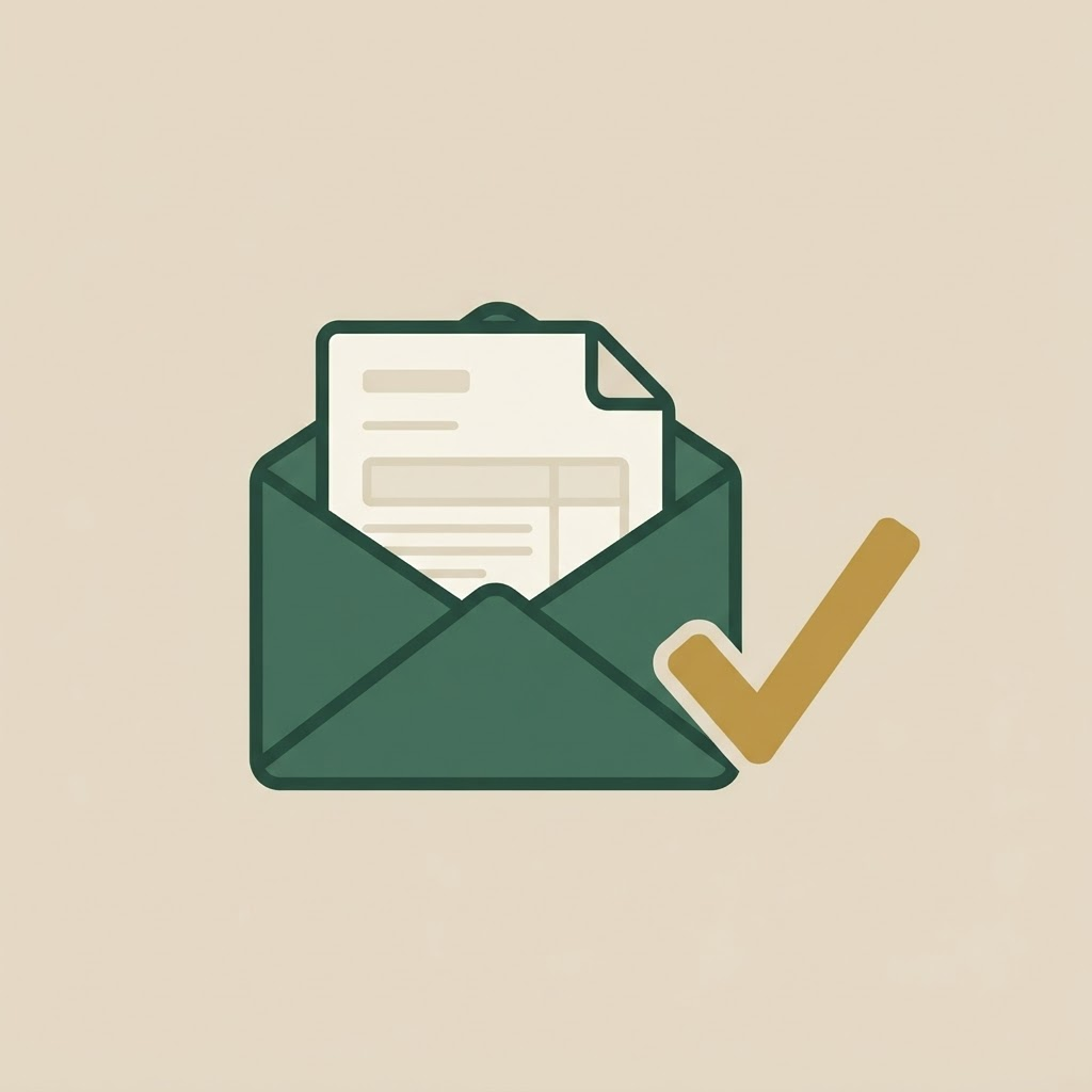 An envelope with a document sliding out and a checkmark beside it.